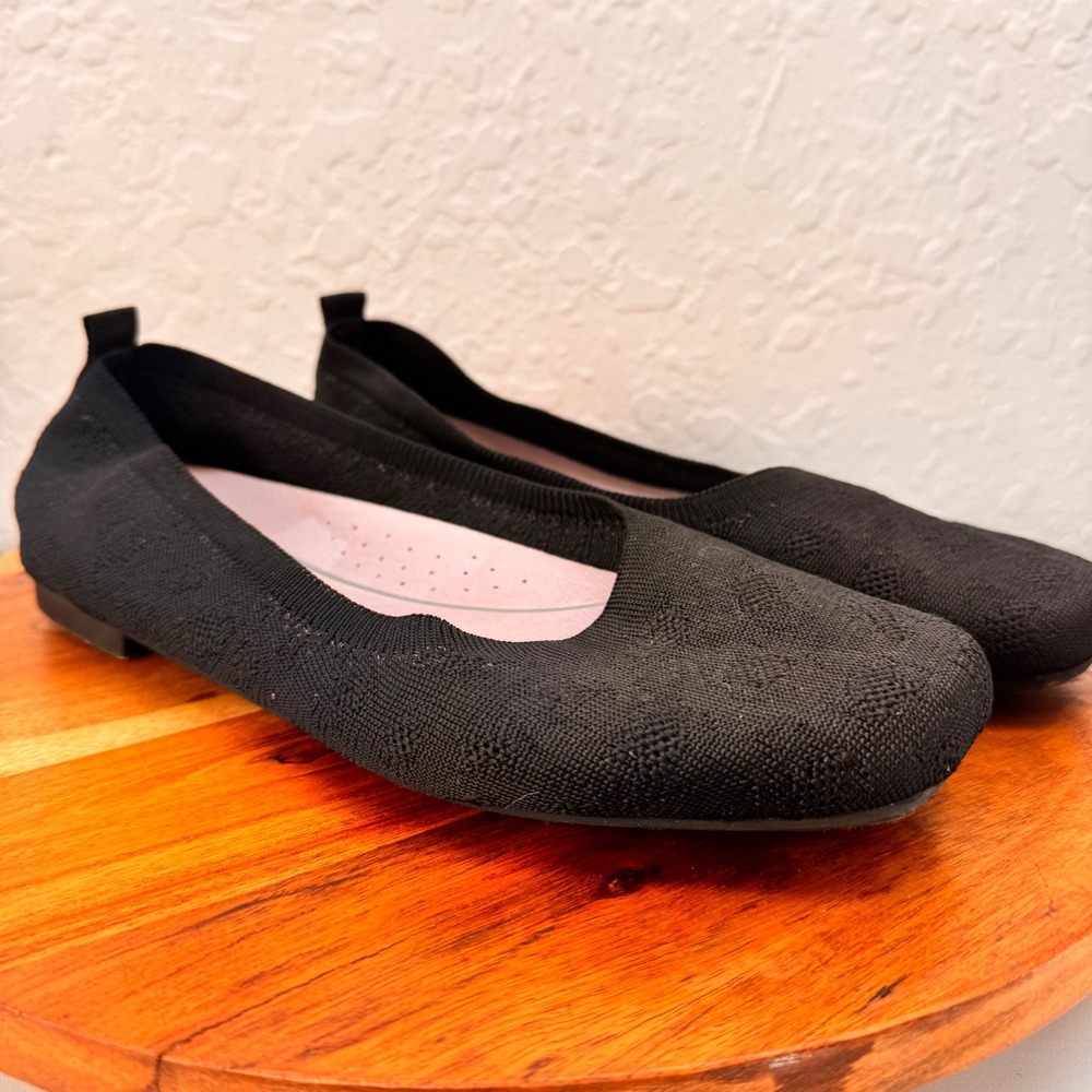 Aravon Womens Black Knit Mesh Square Toe Ballet Flats Comfort Size 42